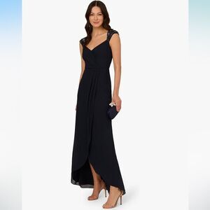 NWT Adrianna Papell | Dark Navy / Black Chiffon Long Maxi Sequin Wrap‎ Dress 4